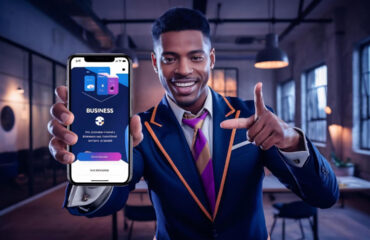 Happy male entrepreneur in suit pointing finger at smartphone scree showing mobile application