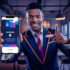 Happy male entrepreneur in suit pointing finger at smartphone scree showing mobile application