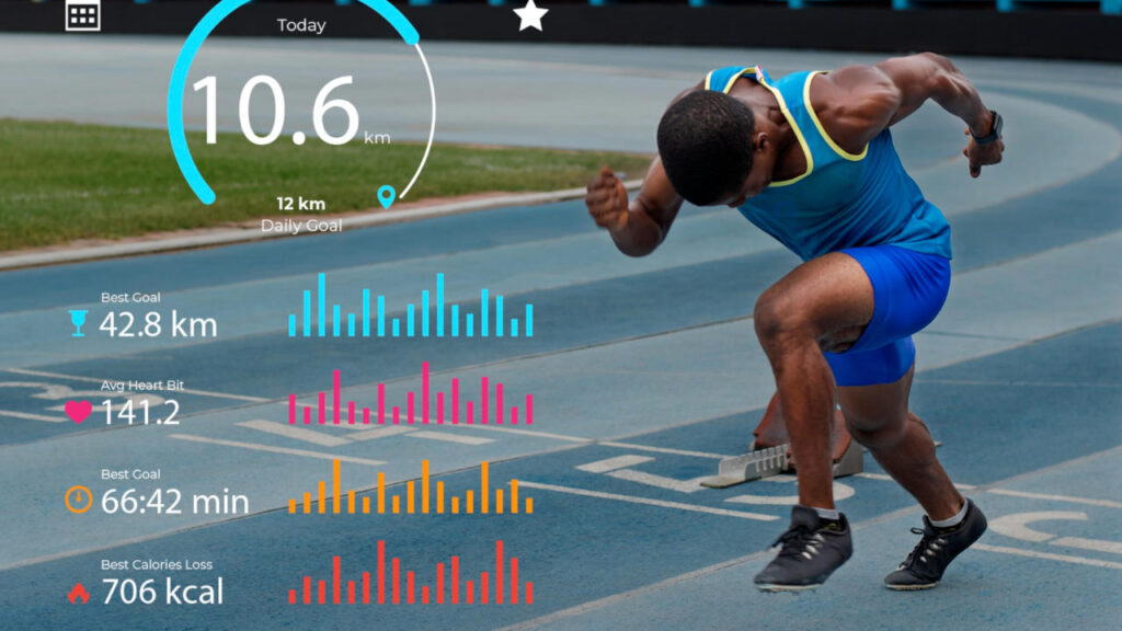 Full shot of man doing sprinting on race track with stats