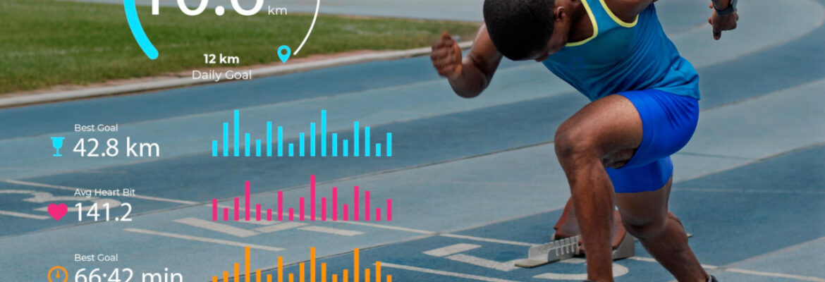 Full shot of man doing sprinting on race track with stats