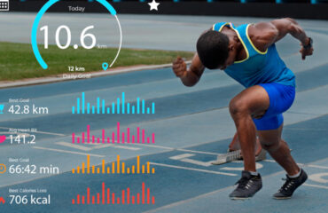 Full shot of man doing sprinting on race track with stats