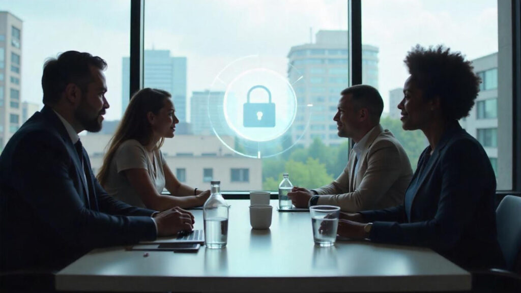 business people in a meeting room overlooking a large window