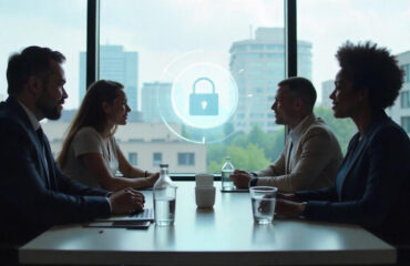 business people in a meeting room overlooking a large window