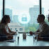 business people in a meeting room overlooking a large window
