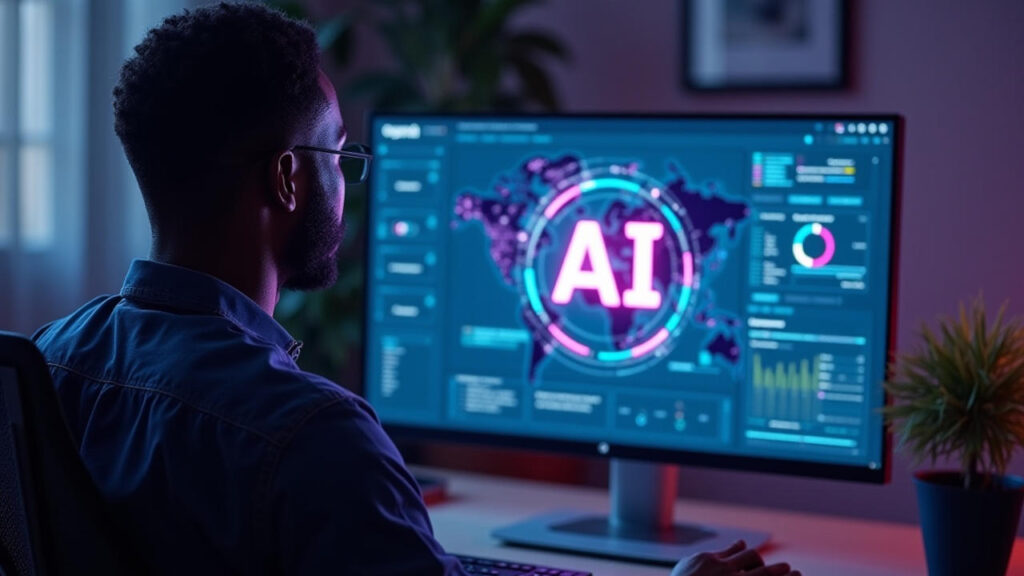 A man using a futuristic web app powered by AI