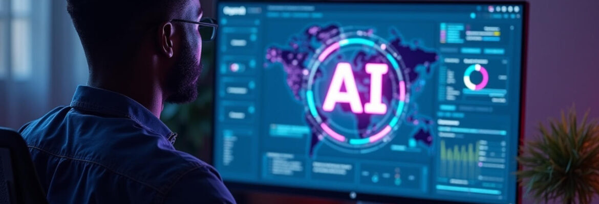 A man using a futuristic web app powered by AI