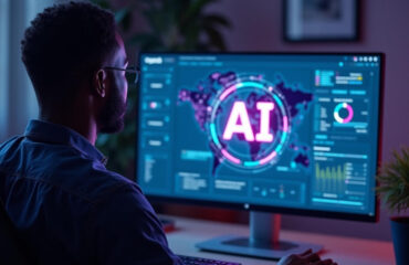 A man using a futuristic web app powered by AI