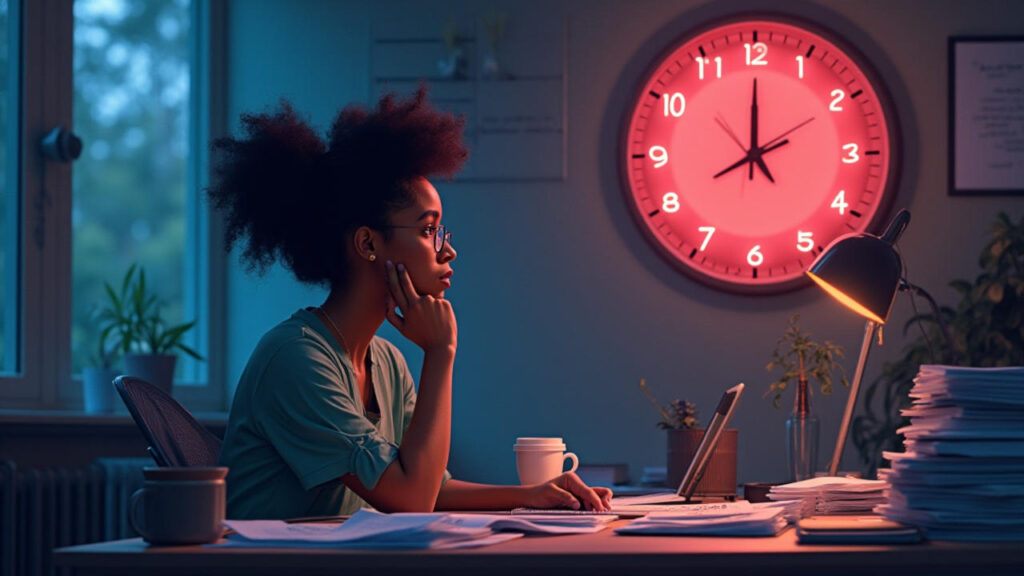 procrastinating woman sitting at a desk staring into space