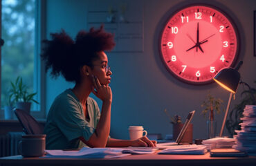 procrastinating woman sitting at a desk staring into space
