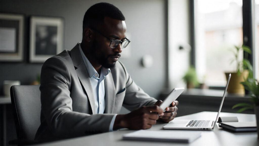 A professional businessman interacting with a mobile app