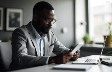 A professional businessman interacting with a mobile app