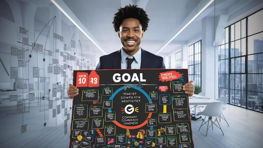 Young business owner holding up vision board with goals on it