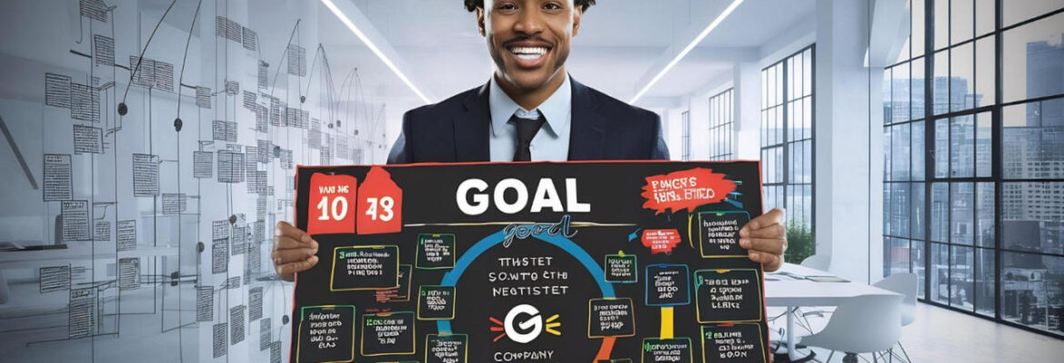 Young business owner holding up vision board with goals on it