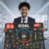 Young business owner holding up vision board with goals on it