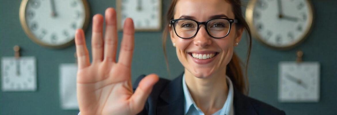 A business professional woman smiling and gesturing 'stop' with a raised hand against a backdrop of antique clocks