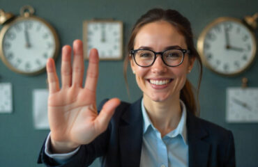 A business professional woman smiling and gesturing 'stop' with a raised hand against a backdrop of antique clocks