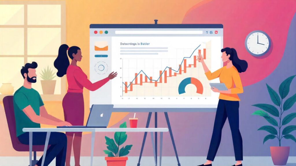A dynamic illustration of a small diverse team collaborating on a web app launch