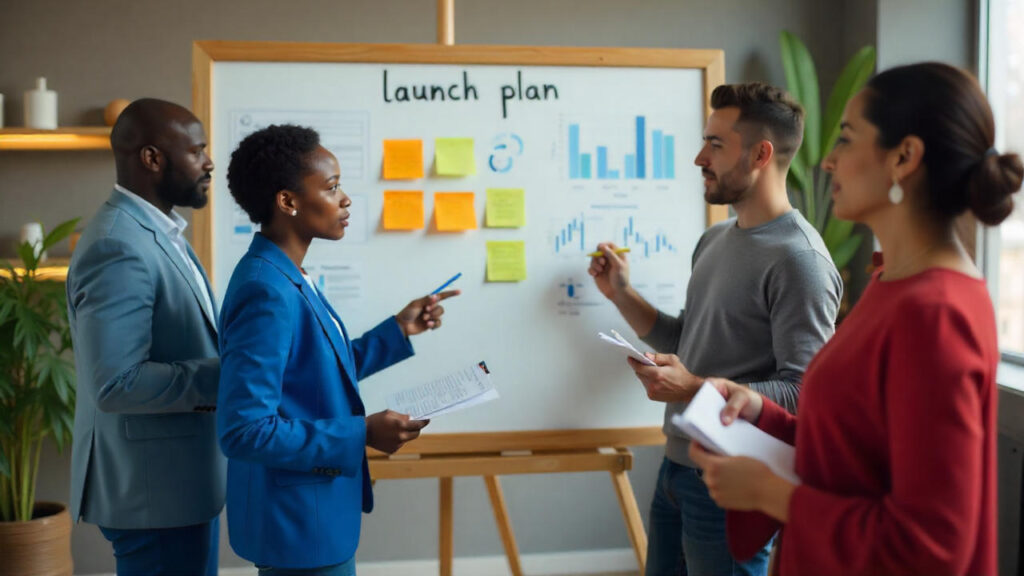 A startup team discussing a business launch plan
