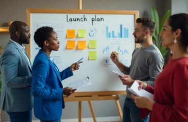 A startup team discussing a business launch plan