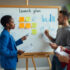A startup team discussing a business launch plan
