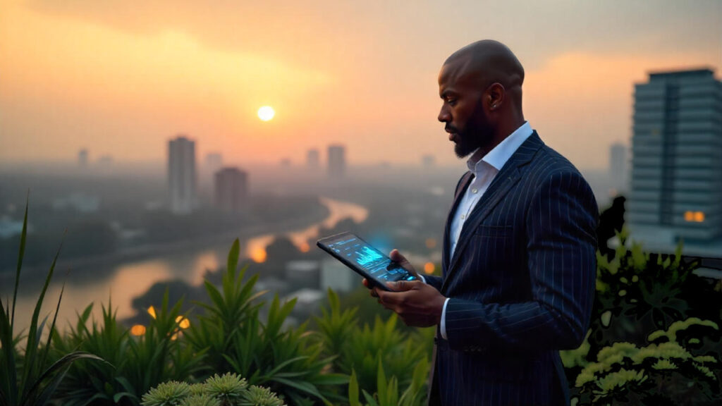 Businessman in a suit standing against a backdrop of a sunset looking at a tablet with charts symbolising growth