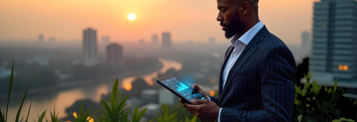Businessman in a suit standing against a backdrop of a sunset looking at a tablet with charts symbolising growth