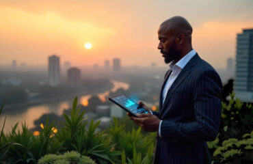 Businessman in a suit standing against a backdrop of a sunset looking at a tablet with charts symbolising growth