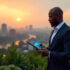 Businessman in a suit standing against a backdrop of a sunset looking at a tablet with charts symbolising growth