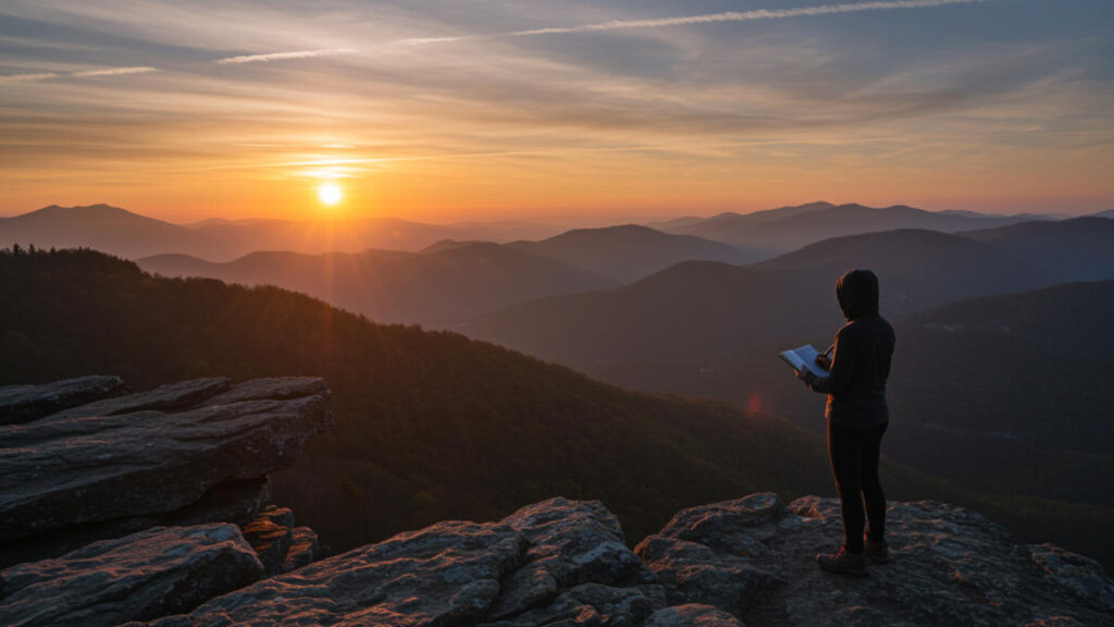 A serene sunrise over mountains with a person standing on a cliff, holding a journal and pen