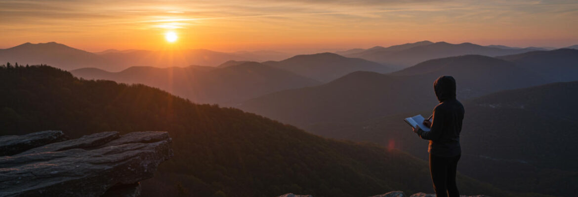 A serene sunrise over mountains with a person standing on a cliff, holding a journal and pen