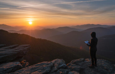 A serene sunrise over mountains with a person standing on a cliff, holding a journal and pen