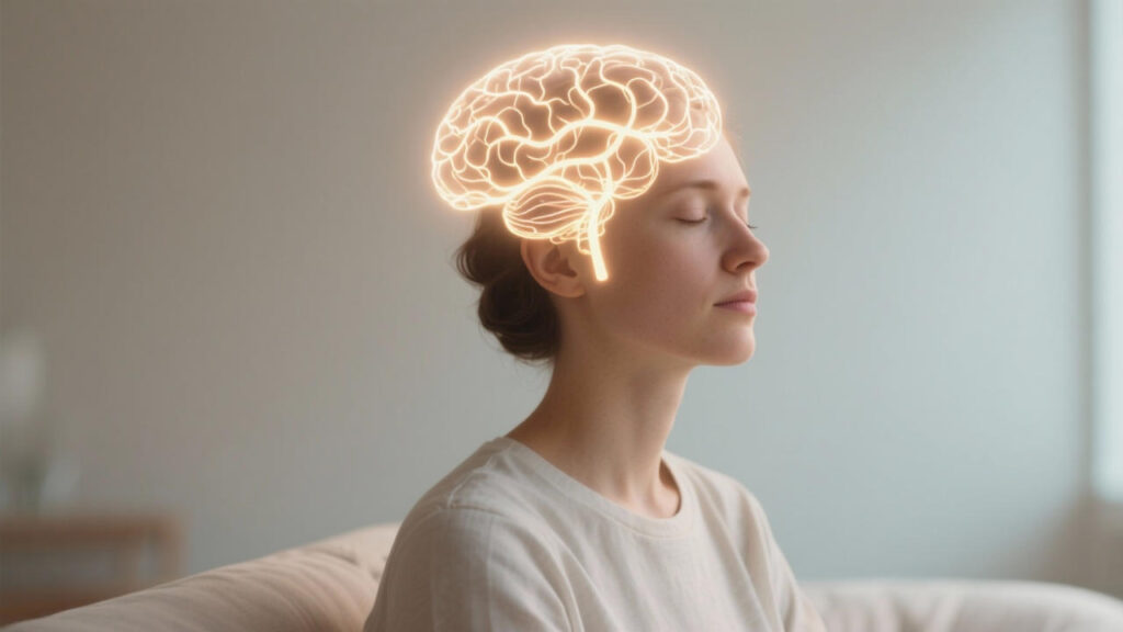A woman sitting calmly with eyes closed, glowing neural pathways inside the brain illustrated with soft light