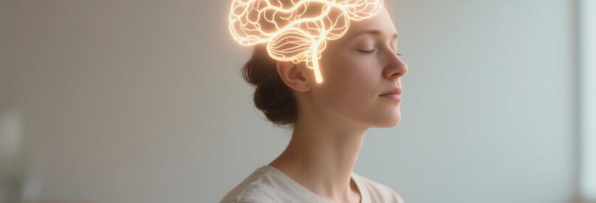 A woman sitting calmly with eyes closed, glowing neural pathways inside the brain illustrated with soft light