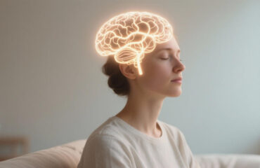 A woman sitting calmly with eyes closed, glowing neural pathways inside the brain illustrated with soft light