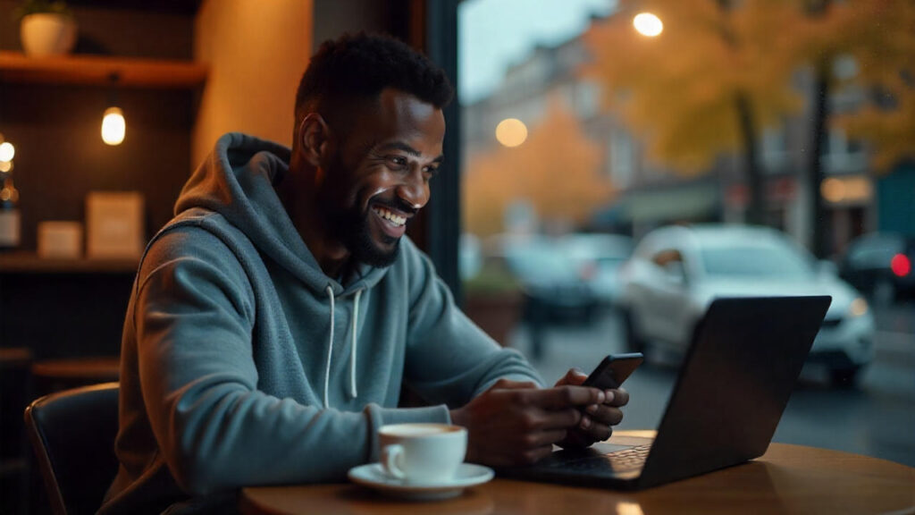 A young man browsing a website on his phone and laptop at a café