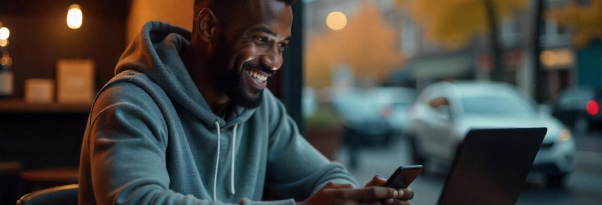 A young man browsing a website on his phone and laptop at a café