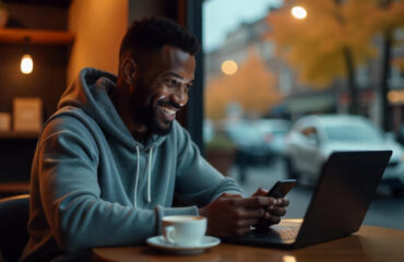 A young man browsing a website on his phone and laptop at a café