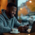 A young man browsing a website on his phone and laptop at a café