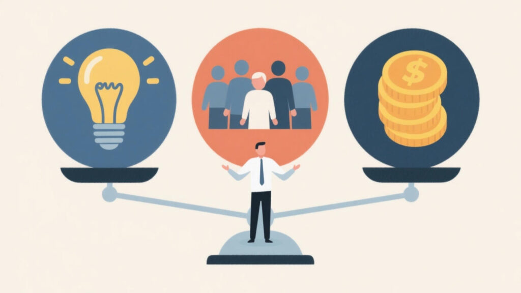 An illustration of an entrepreneur balancing product, people and profit