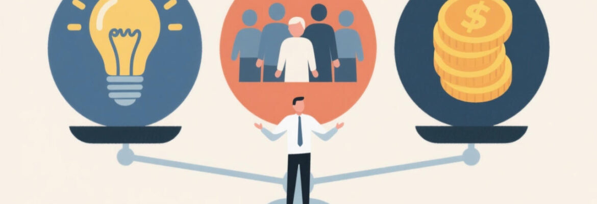 An illustration of an entrepreneur balancing product, people and profit