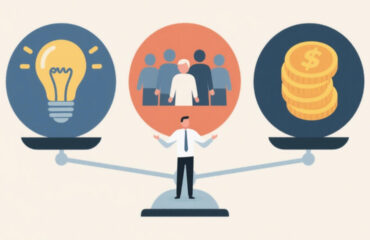An illustration of an entrepreneur balancing product, people and profit