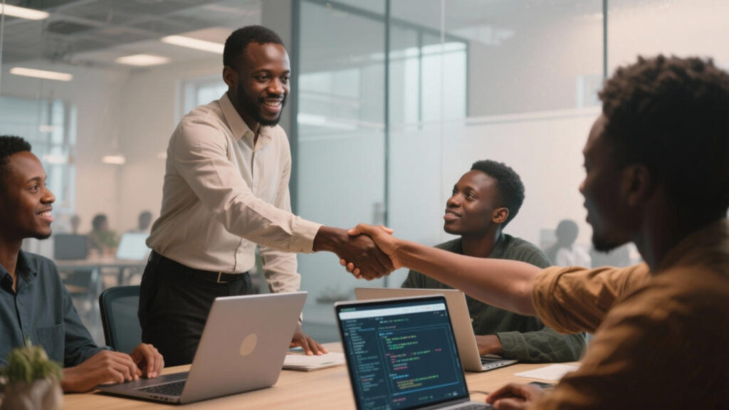 Business owner shaking hands with a developer in an office with other developers