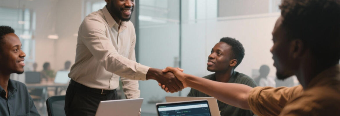 Business owner shaking hands with a developer in an office with other developers
