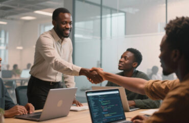 Business owner shaking hands with a developer in an office with other developers