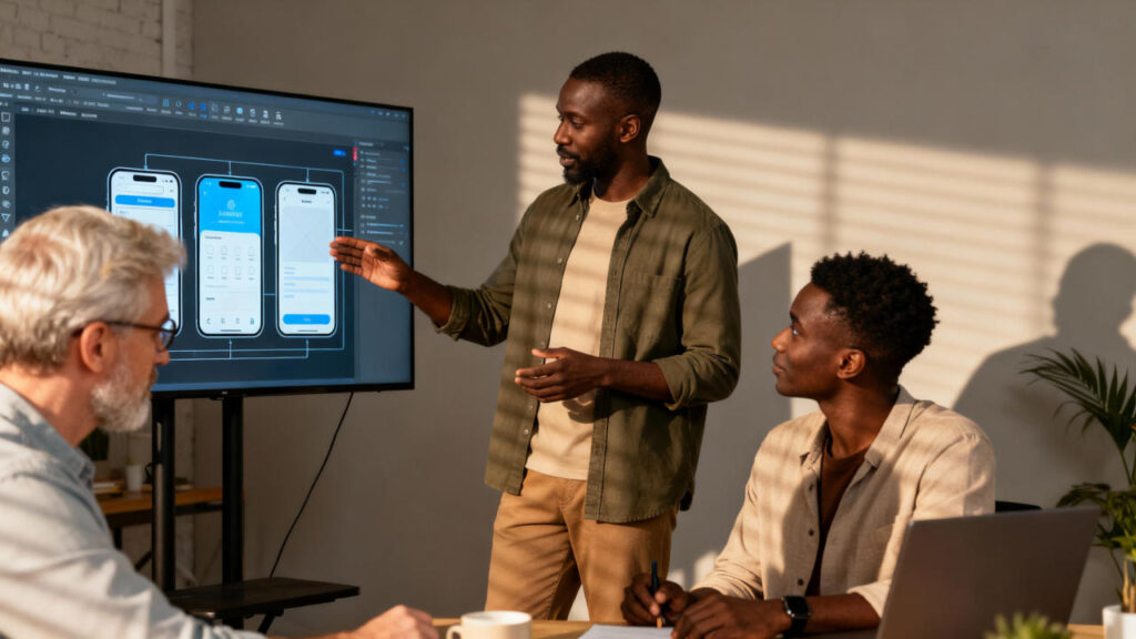 A UX-UI designer standing beside a large digital screen, presenting a sleek web app wireframe to two business owners