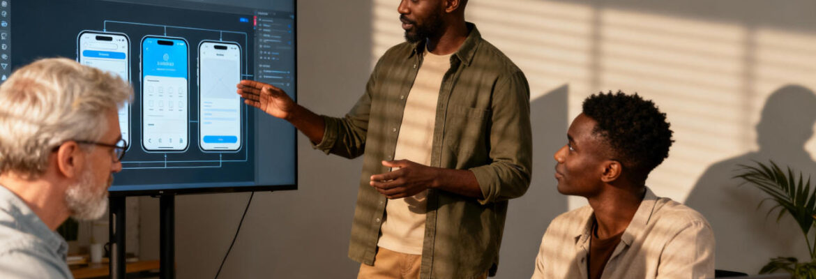 A UX-UI designer standing beside a large digital screen, presenting a sleek web app wireframe to two business owners