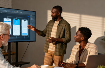 A UX-UI designer standing beside a large digital screen, presenting a sleek web app wireframe to two business owners