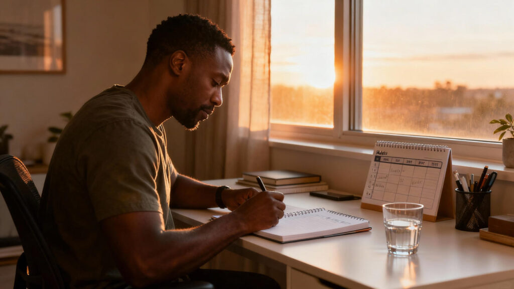 A man sitting at a tidy desk setup at sunrise with a journal, habit tracker, glass of water, and neatly arranged workspace