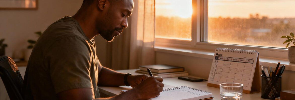 A man sitting at a tidy desk setup at sunrise with a journal, habit tracker, glass of water, and neatly arranged workspace