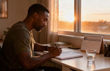 A man sitting at a tidy desk setup at sunrise with a journal, habit tracker, glass of water, and neatly arranged workspace